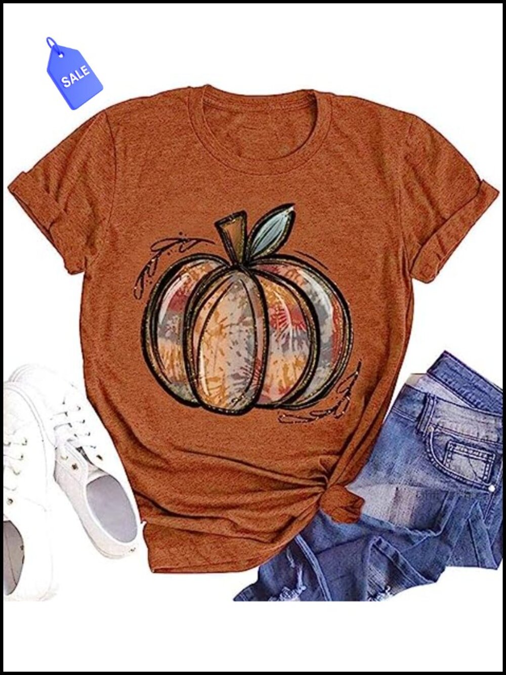 Women's Fall Halloween Pumpkin Graphic Short Sleeve Cotton Blend Tee